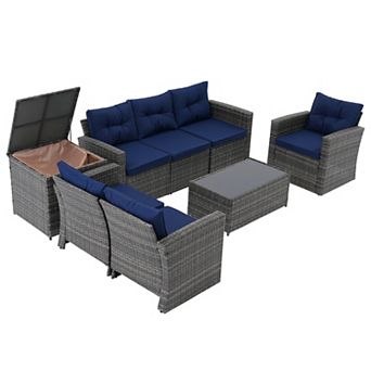 SUNSITT 8 pc Patio Furniture Set with Storage Box, Rattan Patio Conversation Set