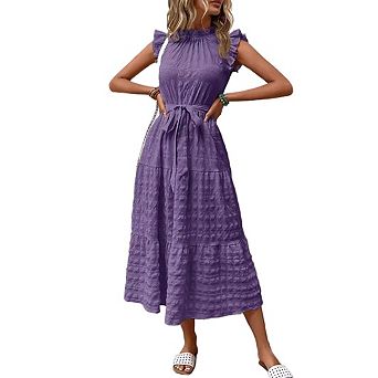 Women's Ruffle Sleeve Stand Collar Maxi Dress Hem Ruffled Casual Belted Dress