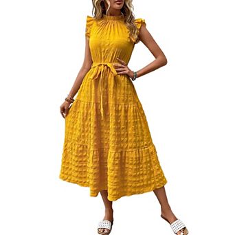 Women's Ruffle Sleeve Stand Collar Maxi Dress Hem Ruffled Casual Belted Dress