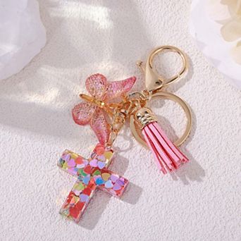Cross Keychain Colorful Resin Butterfly Cross Tassel Keyring