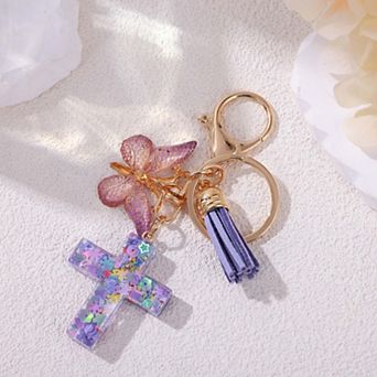 Cross Keychain Colorful Resin Butterfly Cross Tassel Keyring