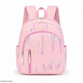 Quilted Backpack with Embroidered Pattern and Multiple Pockets