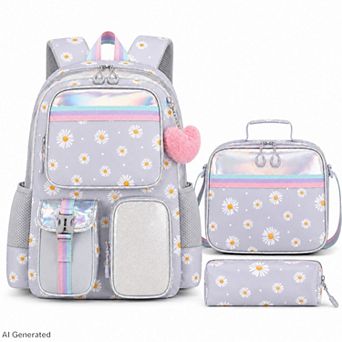 3 pc Daisy Print School Backpack Lunch Bag Pencil Case Set