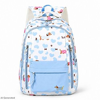 Dog Print School Backpack with Multiple Zip Pockets