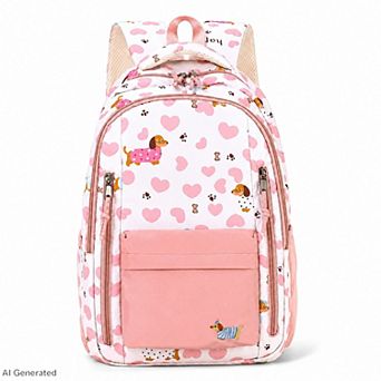 Dog Print School Backpack with Multiple Zip Pockets