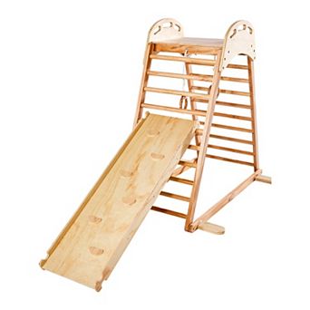 YIORTWO 4-in-1 Wooden Indoor Playground Jungle Gym with Slide and Climbing Ramp