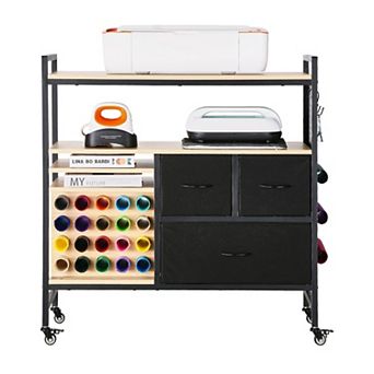 YIORTWO Rolling Craft Cart Storage Table with Vinyl Roll Holders and Drawers for Craft Room