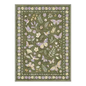 GENIMO Vintage Butterfly Hummingbird Floral Area Rug, Botanical Washable Indoor Rug for Living Room