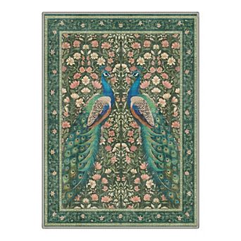 GENIMO Vintage Peacock Floral Area Rug, Botanical Washable Rug for Living Room Bedroom