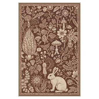 GENIMO Vintage Rabbit Botanical Area Rug, Woodland Floral Washable Rug for Living Room Bedroom