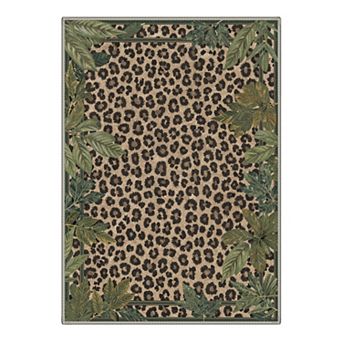 GENIMO Leopard Tropical Leaf Area Rug, Animal Print Border Washable Rug for Living Room Bedroom