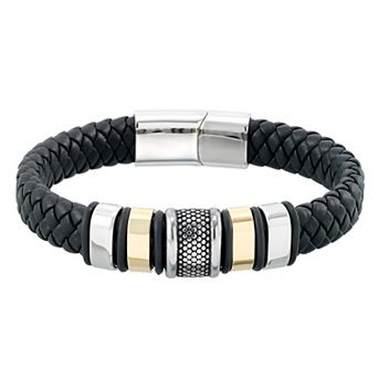 DESTINY FOR MEN Men's Ion-Plated Two Tone Milgrain Polished Leather Bracelet