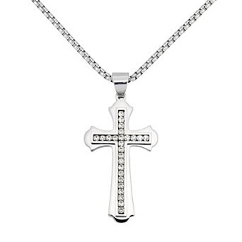 DESTINY FOR MEN Men's Ion-Plated Round Crystal Cross Box Chain Pendant Necklace
