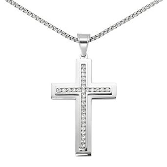 DESTINY FOR MEN Men's Ion-Plated Polished Round Crystal Cross Pendant Necklace