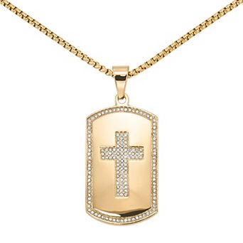 DESTINY FOR MEN Men's Gold Tone Ion-Plated Round Crystal Cross Dog Tag Pendant Necklace