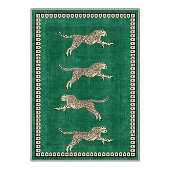 GENIMO Vintage Running Cheetah Geometric Border Washable Area Rug