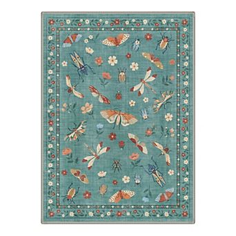 GENIMO Vintage Insect Dragonfly Floral Border Washable Area Rug
