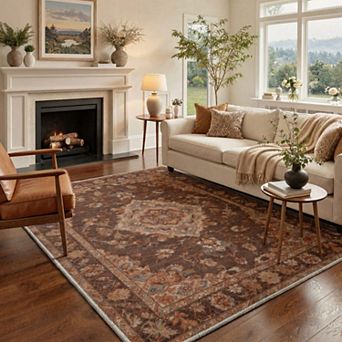 GENIMO Washable Vintage Medallion Rug, Distressed Persian Floral Carpet, Non Slip Low Pile Rug