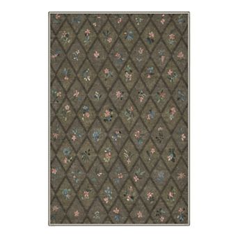 GENIMO Washable Vintage Diamond Floral Rug, Distressed Botanical Lattice Carpet, Non Slip Rug