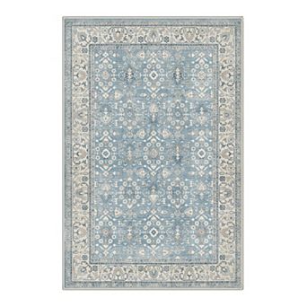 GENIMO Washable Vintage Floral Border Rug, Distressed Botanical Carpet, Non Slip Low Pile Rug