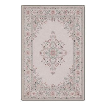 GENIMO Washable Vintage Floral Medallion Rug, Oriental Botanical Carpet, Non Slip Low Pile Rug
