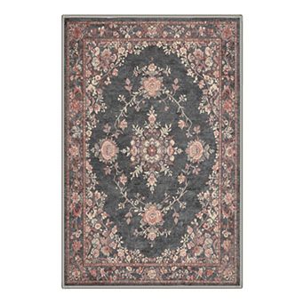 GENIMO Washable Vintage Floral Rug, Non Slip Stain Resistant Low Pile Rose Botanical Carpet
