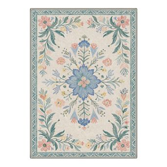 GENIMO Washable Floral Medallion Rug, Non Slip Low Pile Stain Resistant Carpet