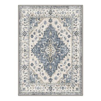 GENIMO Washable Distressed Medallion Area Rug, Non Slip Low Pile Stain Resistant Carpet