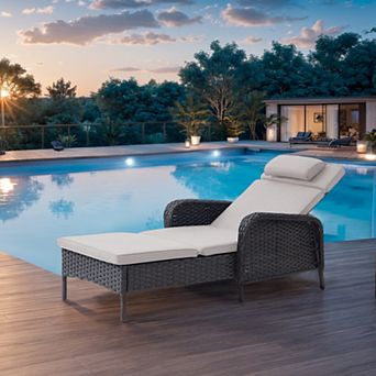 Brown Wicker Outdoor Folding Chaise Lounge Chair Fully Flat for Patio with Cushion