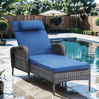 Grey Wicker Outdoor Folding Chaise Lounge Chair Fully Flat for Patio with Cushion