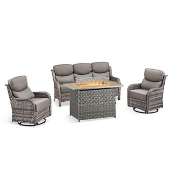 5 Seat 4 pc Outdoor Fire Pit Patio Set with 6 in Cushions, Swivel Chairs and Fire Pit Table