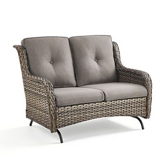 2-Person Wicker Outdoor Patio Glider Couch with Deep Seating and Cushions