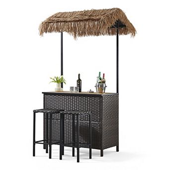 3 pc Outdoor Tiki Bar Set with Palapa Top, Wicker Islander Tiki Bar and 2 Wicker Stools