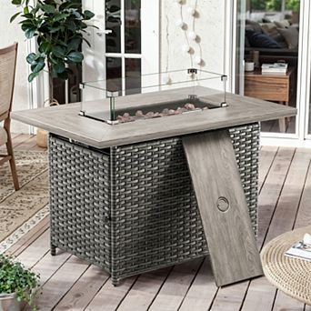 Wicker Rectangular Outdoor Gas Fire Pit Table with Propane Natural Gas, Glass Wind Guard