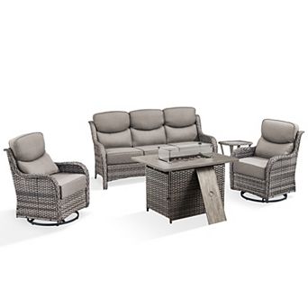 5 pc Patio Furniture Set with Fire Pit, Outdoor Wicker Sofa Couch with 6Inch Cushion