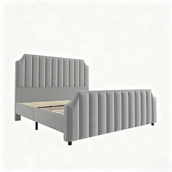 Velvet Bed Frame,50.2 inTall Headboard,Footboard,Upholstered Platform Bed Frame,No Box Spring Need