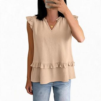 Women's V Neck Sleeveless Blouse Ruffle Trim Loose Casual Summer Tank Tops