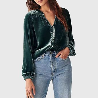 Women's Velvet Tops Casual Pleated v Neck Puff Long Sleeve Fall Winter Work Party Shirts Blouse