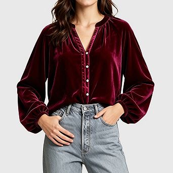 Women's Velvet Tops Casual Pleated v Neck Puff Long Sleeve Fall Winter Work Party Shirts Blouse
