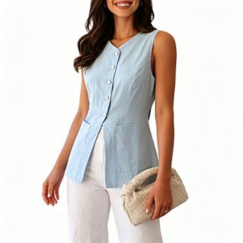Women's V Neck Sleeveless Button Front Vest, Slim Waist Pocket Split Hem Tailored Top