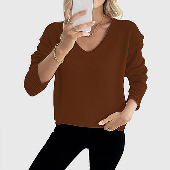 Womens Loose Fit Sweaters V Neck Long Sleeve Pullover Fall Winter Fashion Tops Outfits