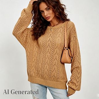 Womens Long Sleeve Eyelet Knit Sweater Crewneck Dressy Hollow Out Crochet Round Neck Pullover Top