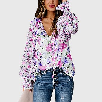 Womens Boho Tops Dressy Casual Ruffle Chiffon Blouses V Neck Long Lantern Sleeve Floral Outfits