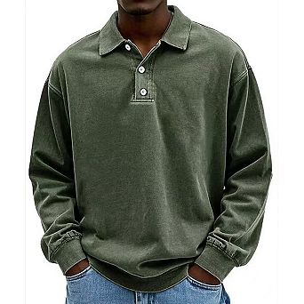 Men's Long Sleeve Polo Shirt Washed Vintage Loose Fit Drop Shoulder Pullover