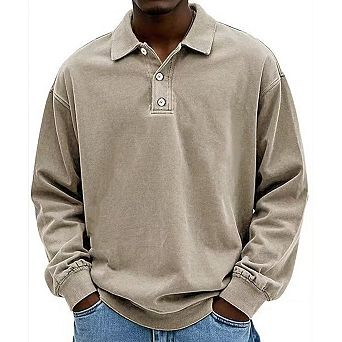 Men's Long Sleeve Polo Shirt Washed Vintage Loose Fit Drop Shoulder Pullover