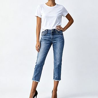 Women Mid Rise Cropped Denim Jeans Frayed Raw Hem Five Pocket Straight Leg Casual Denim Bottoms