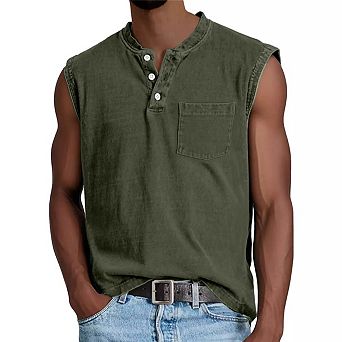 Men's Henley Sleeveless Tank Top Button Down Chest Pocket Casual Muscle Shirt