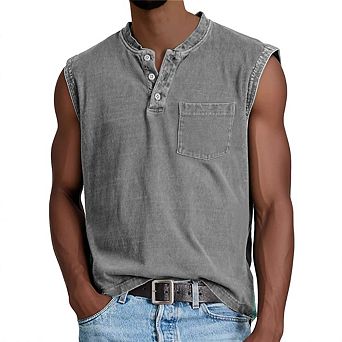 Men's Henley Sleeveless Tank Top Button Down Chest Pocket Casual Muscle Shirt