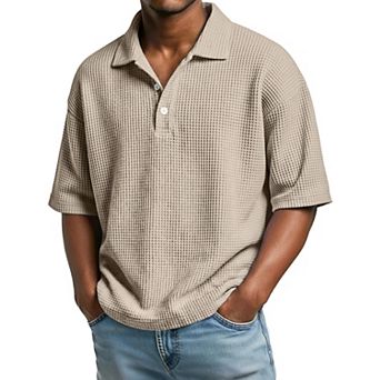 Men's Waffle Knit Short Sleeve Polo Shirt Button Down Loose Fit Collared Top