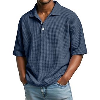 Men's Waffle Knit Short Sleeve Polo Shirt Button Down Loose Fit Collared Top